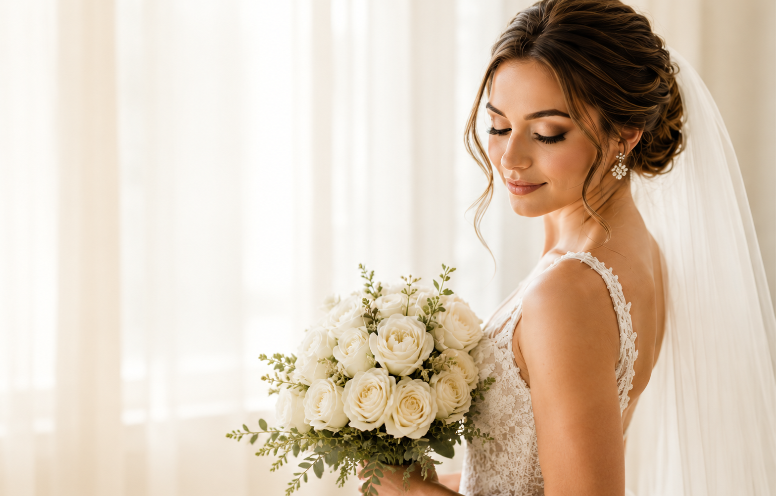 Bride with luminous makeup, an elegant updo, and a white bouquet